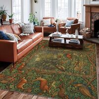 Fox Area Rug, Nature Rustic Deer Owl Fall Green Non-Slip Backing Indoor Rectangle Carpet Non Sheddin