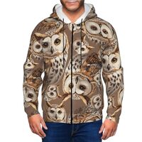 Men's Fleece-Lined Soft Touch Hoodie Cute Owl Pattern, Premium Lounge-Ready Zip Jacket, Cozy Ho