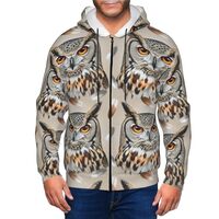 Supdreamc Men's Thick Flannel-Lined Hoodie Owl Face Pattern, Cozy Cabin-Ready Zip Jacket with K