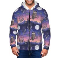Supdreamc Men's Thick Flannel-Lined Hoodie Owl Rainbow Dream Catcher, Cozy Cabin-Ready Zip Jack
