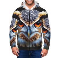Men's Fleece-Lined Soft Touch Hoodie Owl Face Pattern, Premium Lounge-Ready Zip Jacket, Cozy Ho