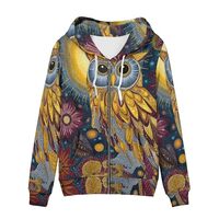 Allcute Owl Zip Up Hoodie, Women's Long Sleeve Hooded Sweatshirt, Graphic Print, Casual Lightwe
