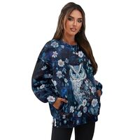 HUGS IDEA Blue Owl Pullover Sweatshirts for Women Floral Print Pullover Tops for Lady Oversized Hood