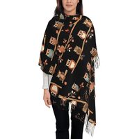 Large Cute Brown Cartoon Owls Scarf, Faux Cashmere Long-Pile Tassel Scarf, Women'S Oversized Sh