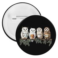 Tea Owls Trendy Tinplate Brooches for Men Women Funny Round Button Pins Badges for Jacket Bag Hat