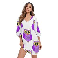 RPLIFE Cute Purple Owls Summer Dress 3/4 Sleeve Hawaiian Print Dress Women