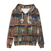 Frestree Bookshelf Print Women's Full Zip Up Hoodie Books Owl Skull Gothic Long Sleeve Oversize