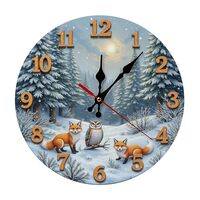 Snowy Forest Clock Foxes Owl Sunrise 2D 12 Inch Silent Wall Clock, Frameless Wooden Round Clock with