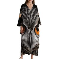 Plus Size Long Sleeve Dress - Owl Eyes Loose Casual V-Neck Long Dress, Length Tunic for Women White