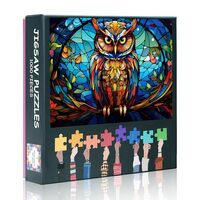 Stained Glass Owl Puzzles for Adults 1000 Pieces Owl on a Stained Glass Window Jigsaw Puzzles for Ad