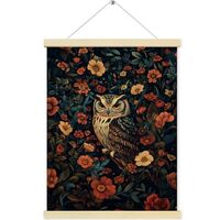 QEJ Boho Floral Owl Wall Art Decor, Vintage Moody Owl Canvas Poster Hanger Frame, Dark Cottagecore W