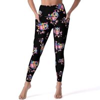 Cute Owl Floral Yoga Pants with Pocket Tummy Control Workout Leggings for Women M