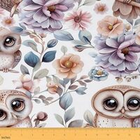 Owls Fabric by The Yard,Cartoon Owl Animal Decor Fabric for Sewing Supplies,Farmhouse Flower Leaves