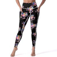 Cute Owl Floral Yoga Pants with Pocket Tummy Control Workout Leggings for Women M
