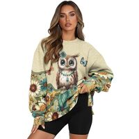 WELLFLYHOM Owl Sunflower Womens Pullover Sweatshirt 3XL Oversized Pullover Tops Crewneck Long Sleeve