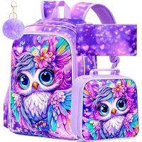 FTJCF 16" Owl Backpack for Girls, 3Pcs School Bookbag Set with Lunch Box, Kids Backpacks for El