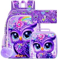 HPJGD 3PCS Owl Bookbag for Kids, Water Resistant Girls Backpack Set with Lunch Box, Cute Elementary