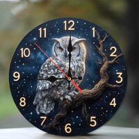 Lancholy Handpainted Owl Clock Night Sky Decor Wall Clock 12-Inch Wooden Wall Clock, Silent Movement
