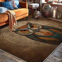 Owl Area Rug, Bohemian Artistic Geometric Feathers Fall Brown Non-Slip Backing Home Floor Rectangle