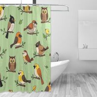 Emelivor Birds Owls Green Pattern Shower Curtain with Metal Buttonholes Machine Washable Fabric Show