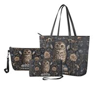 Baxinh Owl Floral Printed Womens Handbag and Wallet Set 3 Pcs Tote Bag Set Make Up Clutch Purse Leat