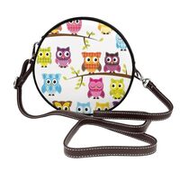 Leather Shoulder Bags For Women Owls On Tree Branches Print Circle Trendy Bag Round Purses Handbag