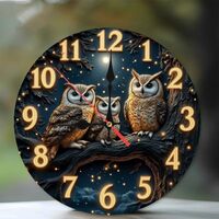 SEMARY 10-Inch Silent Wooden Wall Clock, Owl Clock Night Scene Three Owls Branch Design ” Sile