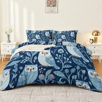 Reversible Printed Duvet Cover Twin XL Size, Cartoon Owl Plants Pattern Soft Microfiber 3 Piece Bedd