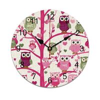 Hapuxt Wall Clock for Living Room Decor Pink Green Cartoon Owl Branches PVC 9.8 Inch Hanging Round D