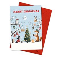 (5.3x8in) Merry Christmas Greeting Card with Woodland Animals Illustration, Cute Winter Forest Scene