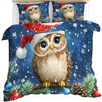 GKPLY Owl Bedding Sets, Blue Christmas Duvet Cover Full, Cartoon Kids Comforter Cover with Zipper &a