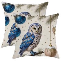 Owl Throw Pillow Covers Set of 2, Winter Fanciful Christmas Ornament Pine Branch Christmas Blue with
