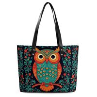 Fashion Handbag With Zipper, Ethnic Owl Large Capacity Satchel Tote Bag, Casual Leather Shoulder Bag