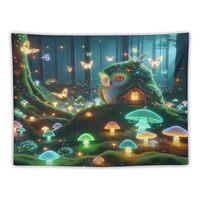 VUMIVI Magic Forest Tapestry Neon Mushroom Glow Butterfly Owl Cottage Green Shade Tapestry Wall Hang