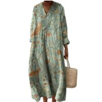 Women&rsquo;s Boho Midi Dress, Light Blue Owl and Floral Print V-Neck Long Sleeve Loose Flowy Casual