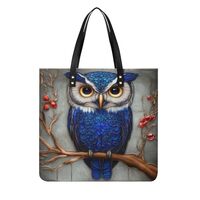 Casual Shoulder Bag for Work Travel, Large Capacity Blue Feather Owls Paintings Leather Tote, Handba