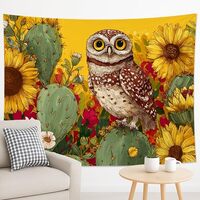 Owl and Sunflowers Yellow Tapestry, Cactus Floral Bohemian Decorative Wall Hanging, Nature Tapestrie