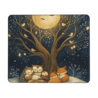 Snowy Night Owl & Fox Sleeping Under Tree Mousepad Rubber Lock Edge Printing Non-Slip Mousepad 7