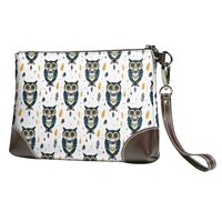 Small Clutch Purses for Women - Green Feather Owl Print Portable Leather Wristlet Wallets with Wrist