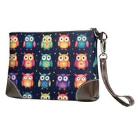 Small Clutch Purses for Women - Cartoon Owl Colorful Print Portable Leather Wristlet Wallets with Wr