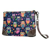 Small Clutch Purses for Women - Cartoon Cute Owl Print Portable Leather Wristlet Wallets with Wrist
