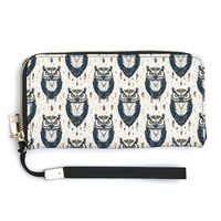 Leather Wristlet Wallets for Women - Vintage Tribal Style Owl Print Small Hand Purse Ladies Wallet w