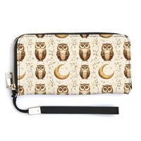 Leather Wristlet Wallets for Women - Owl Moon (A) Print Small Hand Purse Ladies Wallet with Zipper