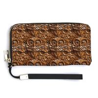 Leather Wristlet Wallets for Women - Wood Grain Owl Print Small Hand Purse Ladies Wallet with Zipper