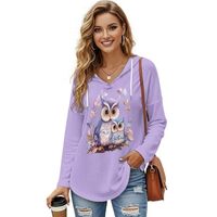 TODIYADDU Purple Owl Oversized Hoodies for Women Waffle Long Sleeve V Neck Drawstring Shirts Hooded 