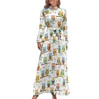 Women's 2025 Spring Fall Maxi Dress Cute Lovely Owl Patterns Casual Long Sleeve A Line Flowy Dr