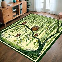 ODIKA Flatwoven High Traffic Area Rug 3x5, Whimsical Forest Scene with Abstract Owl and Willow Branc