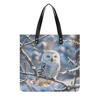 Winter White Owl Tote Bag for Women Cute Grocery Shopping Bags Travel Large Shoulder Bag Leather Han
