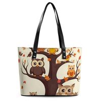 Large Tote Bag for Woman, Leather Handbag with Zipper, Slouchy Cartoon Owl on Tree Shoulder Bags wit