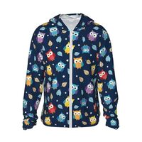 Supdreamc Men's UPF 50+ Technical Sun Hoodie Cute Owl, Lightweight Full Zip Long Sleeve With St